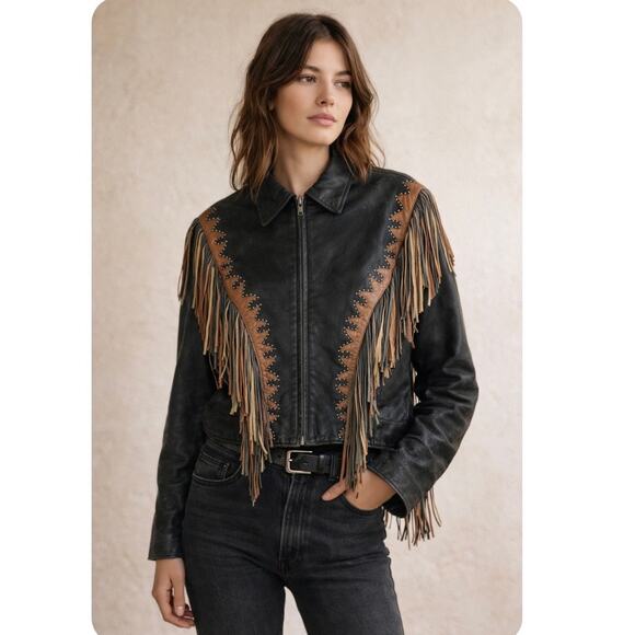Vintage Jackets & Blazers - Vintage Black Leather Fringe Jacket Studded Western Moto Small